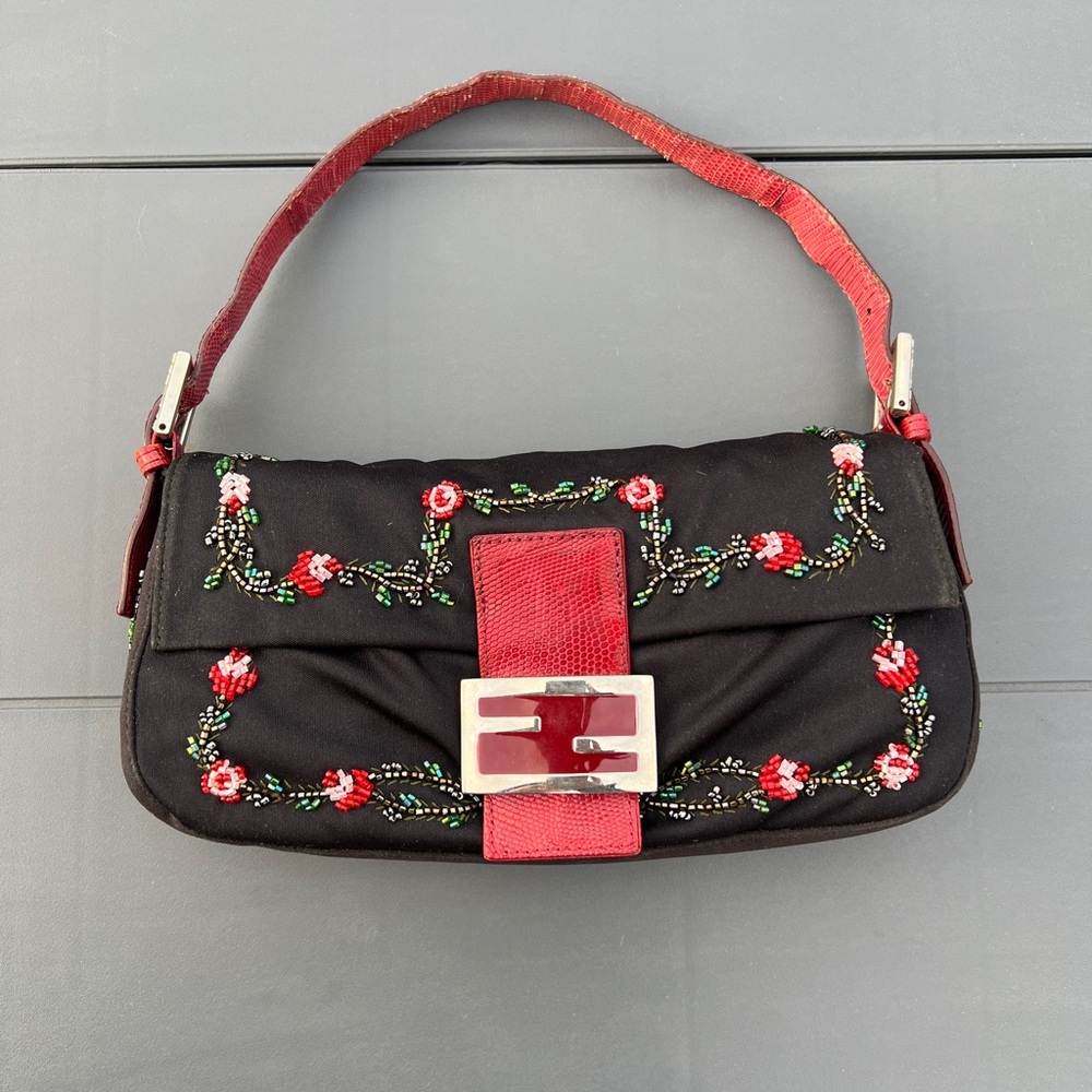 Fendi Vintage Red Lizard With Rose Beaded Baguette